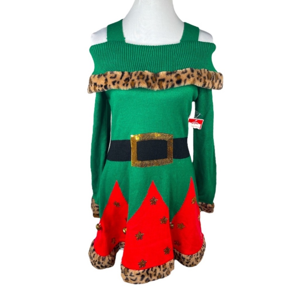 Holiday Time Christmas Elf Costume Sweater Dress Leopard Trim Size Small